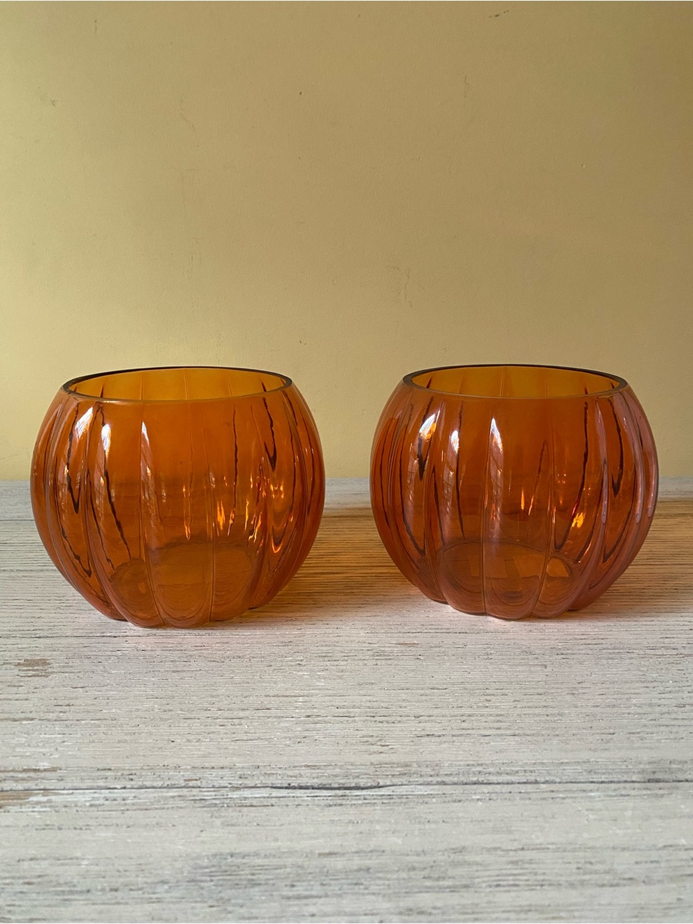 Yankee Candle Amber Glass Round Ribbed Candle Holders